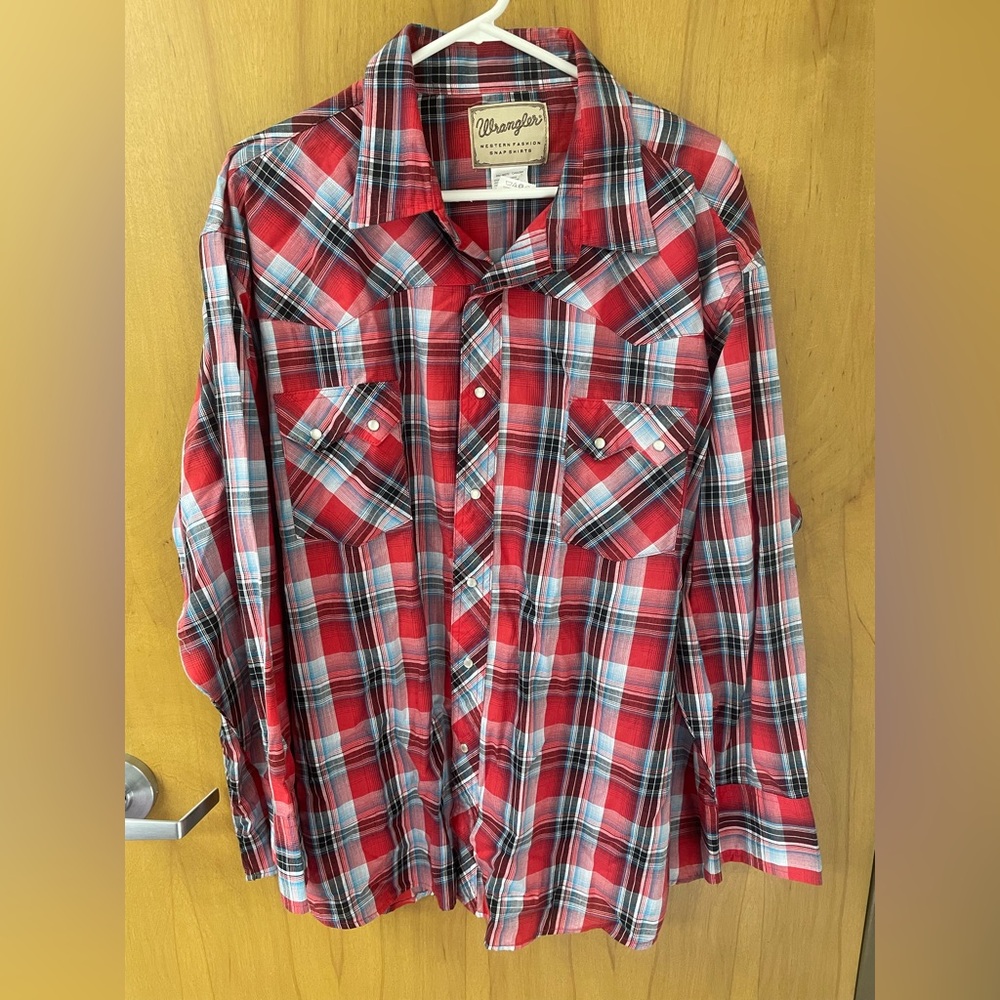 Wrangler Western Fashion Pearl Snap Long Sleeve Red Plaid Shirt Men's 3XL